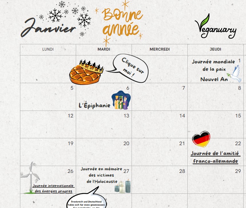 Als Schule mit 1. Fremdsprache Französisch verfolgen wir einen zweisprachigen Ansatz: Wo immer es möglich ist, lassen wir das Französische in den Schulalltag einfließen. Vor diesem Hintergrund entstand auch unser interaktives deutsch-französisches Kalenderblatt, auf dem wir für jeden Monat die Sprache Französisch mit einem unserer anderen Schwerpunkte, der Bildung für nachhaltige Entwicklung (BNE), verbinden.