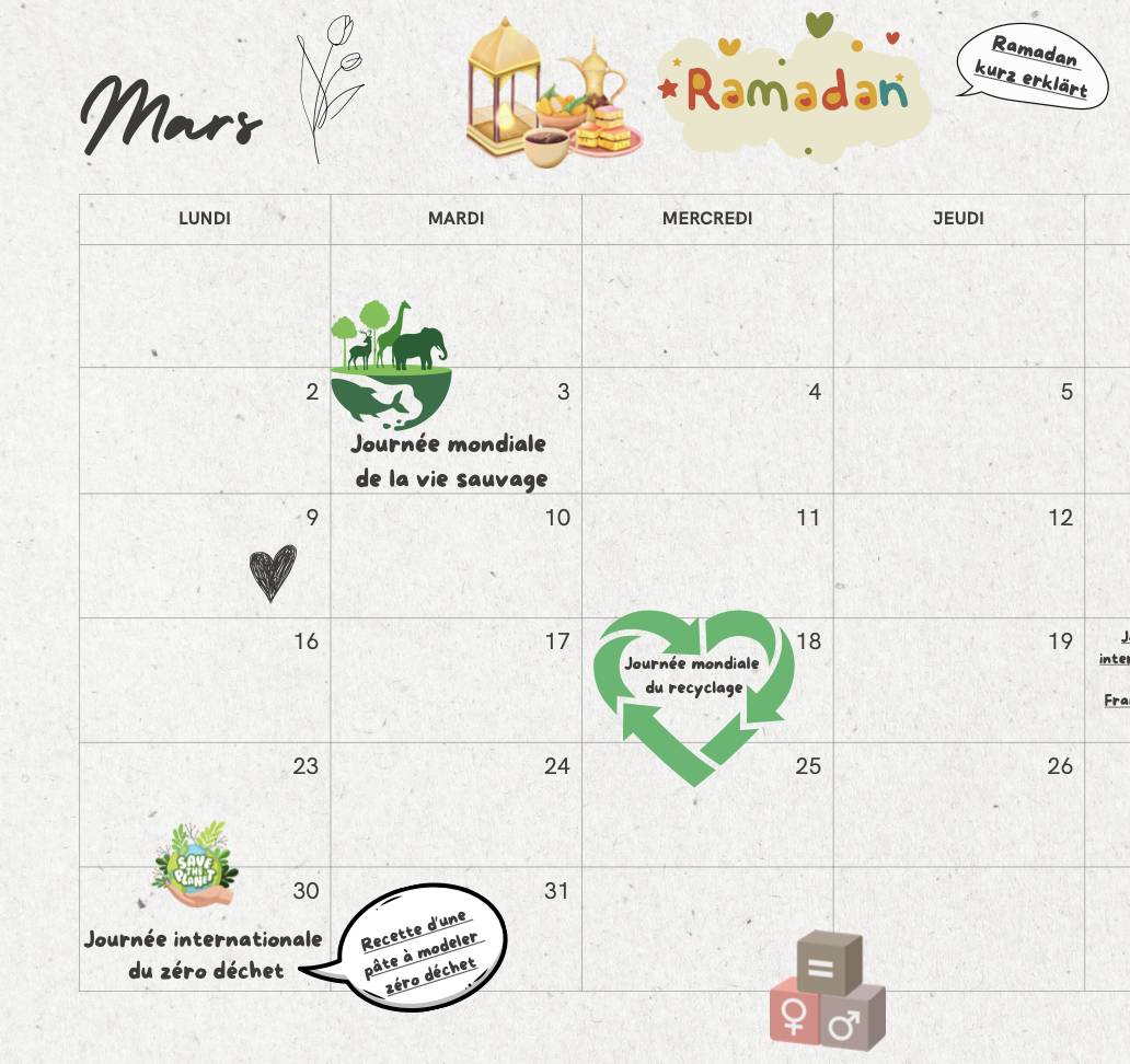 Als Schule mit 1. Fremdsprache Französisch verfolgen wir einen zweisprachigen Ansatz: Wo immer es möglich ist, lassen wir das Französische in den Schulalltag einfließen. Vor diesem Hintergrund entstand auch unser interaktives deutsch-französisches Kalenderblatt, auf dem wir für jeden Monat die Sprache Französisch mit einem unserer anderen Schwerpunkte, der Bildung für nachhaltige Entwicklung (BNE), verbinden.